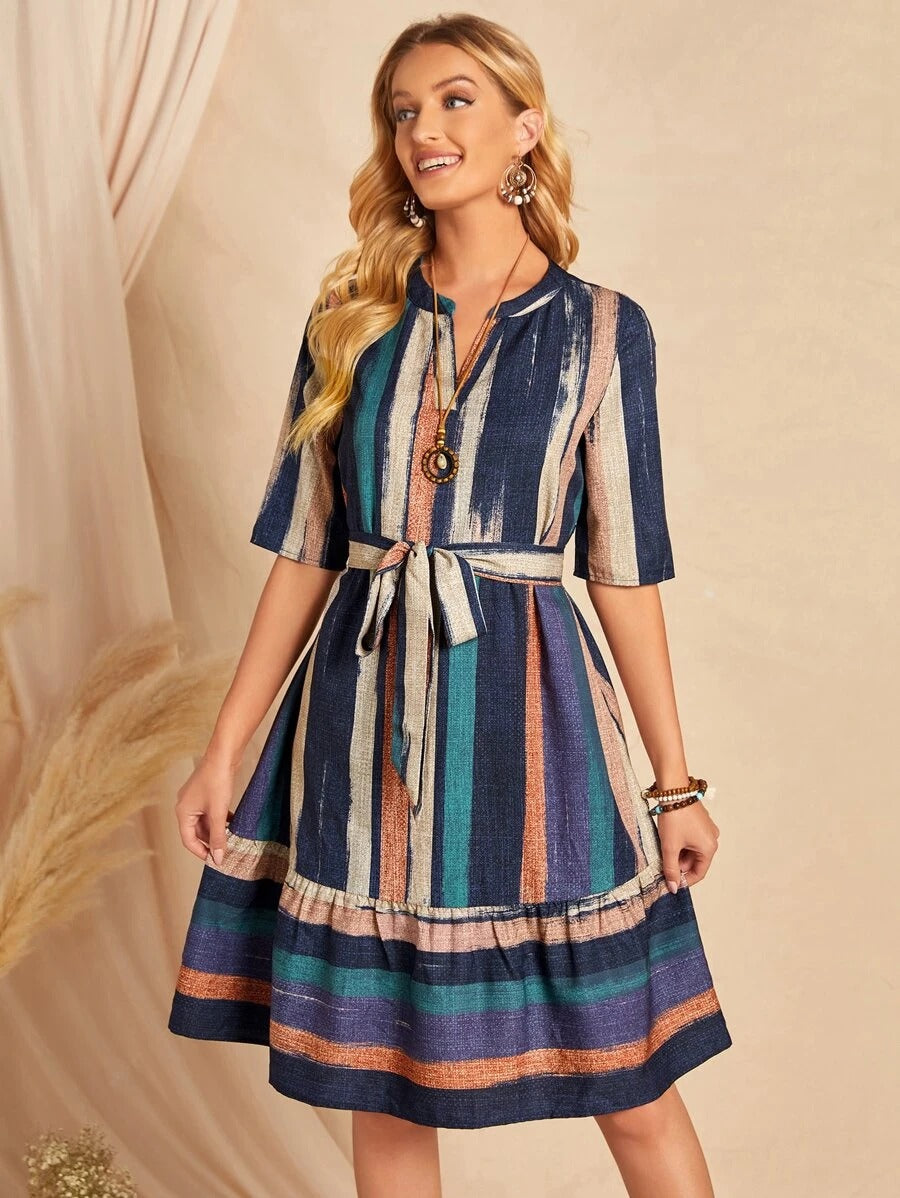 WesternStitch Brush Print Belted Ruffle Hem Dress WesternStitch