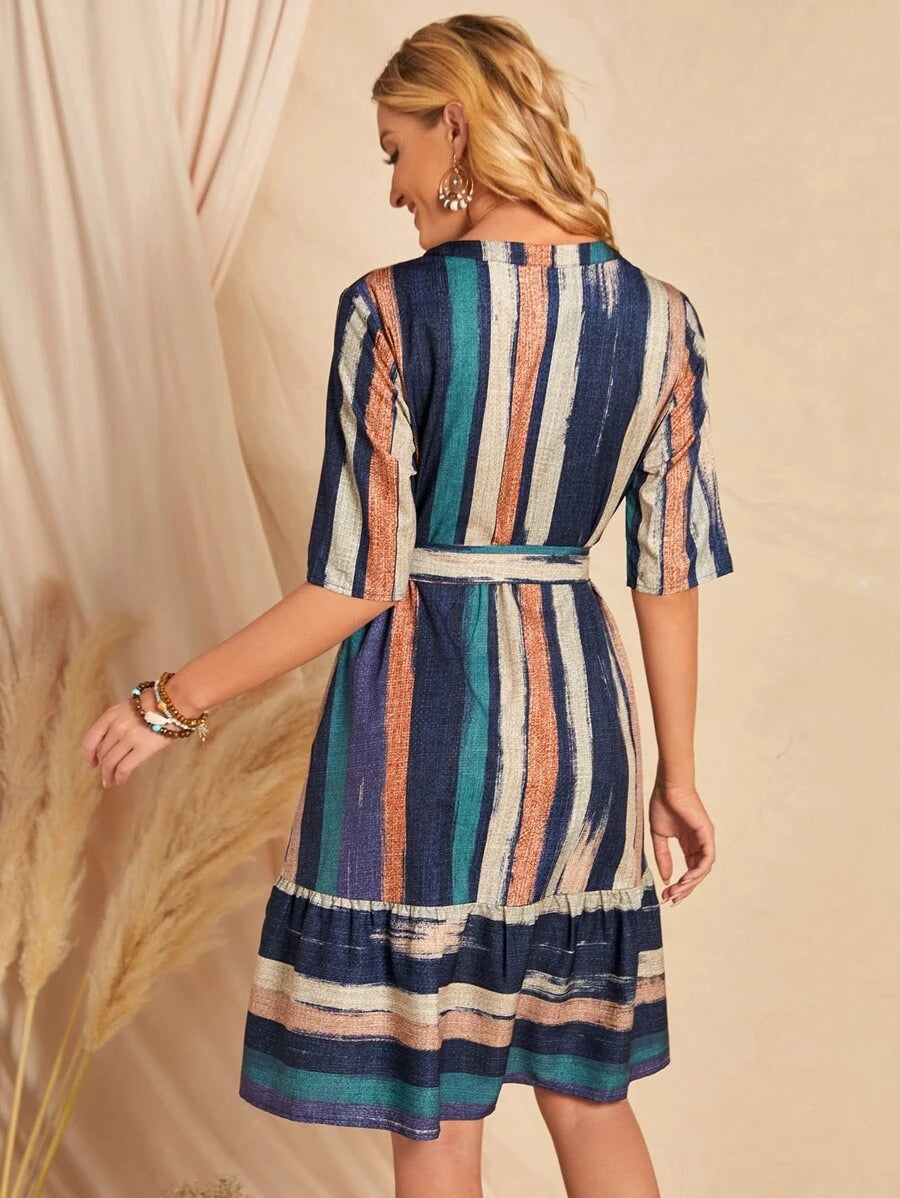 WesternStitch Brush Print Belted Ruffle Hem Dress WesternStitch