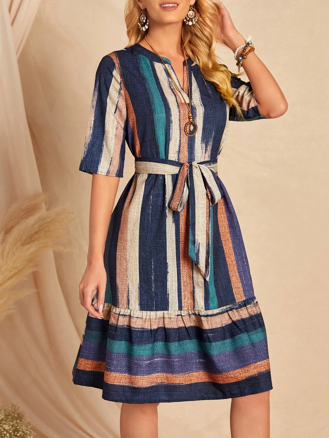 WesternStitch Brush Print Belted Ruffle Hem Dress WesternStitch