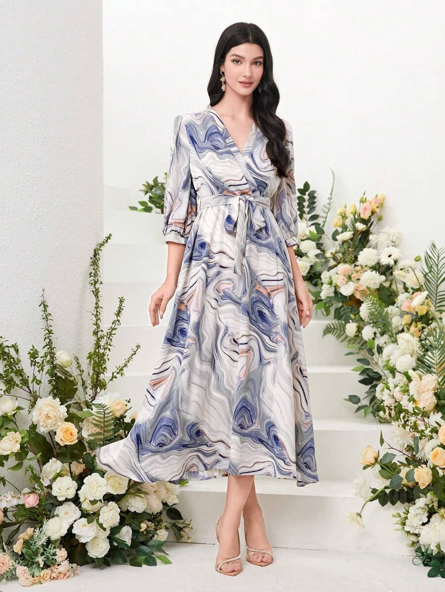 WesternStitch Marble Print Surplice Neck Belted Dress WesternStitch