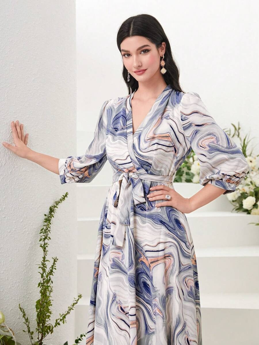 WesternStitch Marble Print Surplice Neck Belted Dress WesternStitch