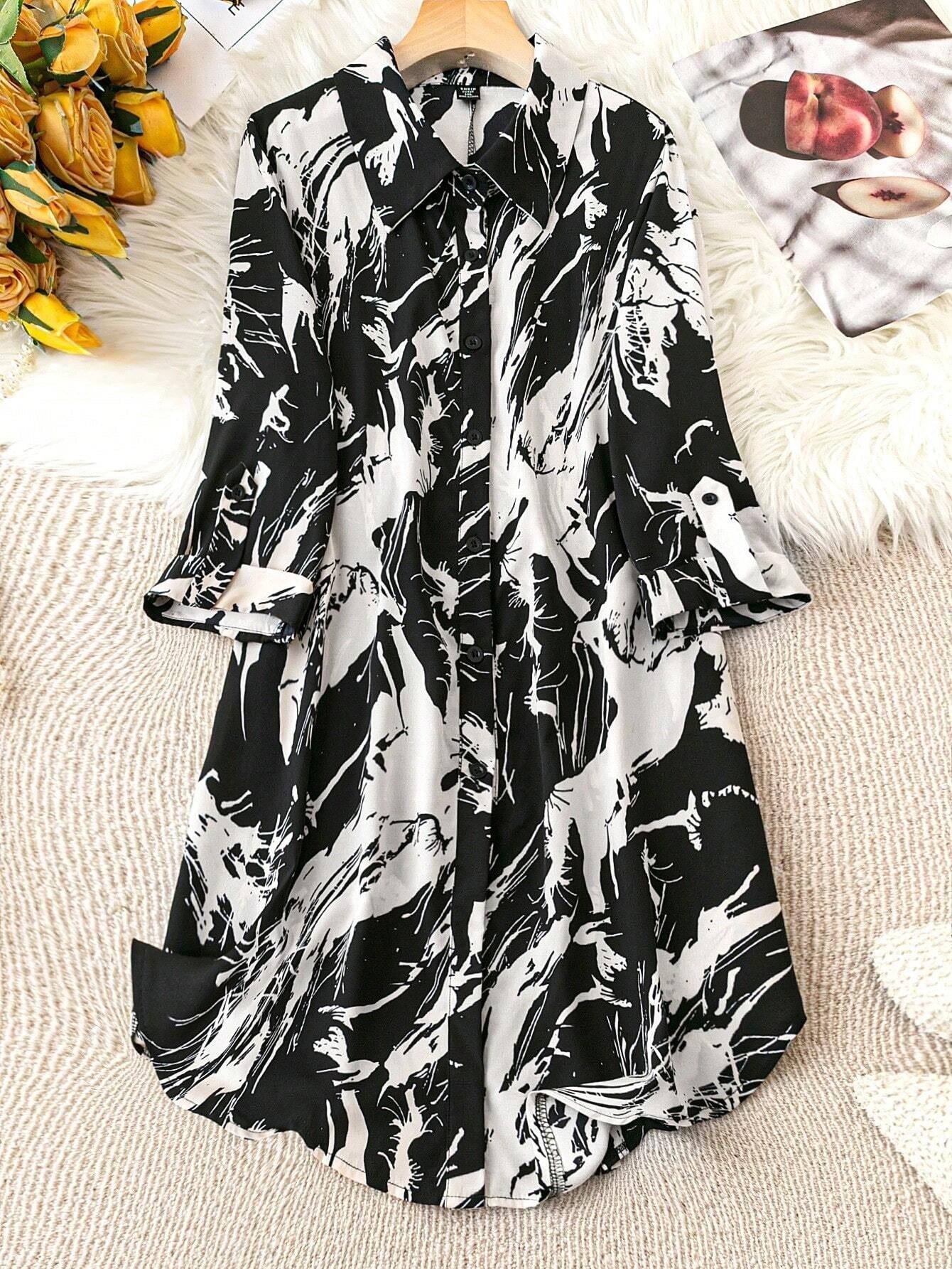 WesternStitch Graphic Print Roll Tab Sleeve Shirt Dress WesternStitch