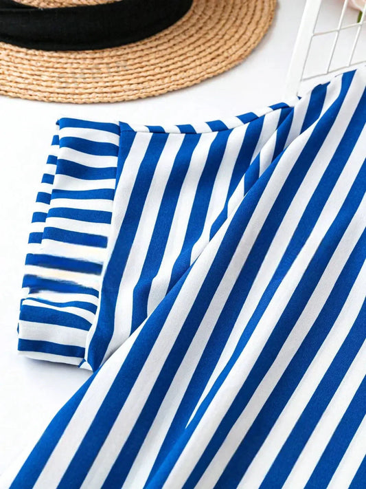 WesternStitch Summer Casual Striped Notched Neck Short Sleeve Midi Dress WesternStitch