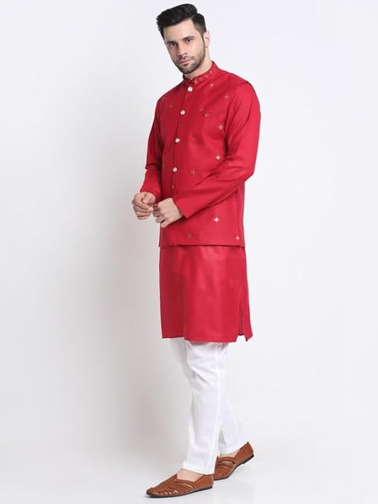 Men's Cotton Blend Solid Kurta and White Elastic Waistband Pyjama With Cotton Embroided Sequenced Nehru Jacket