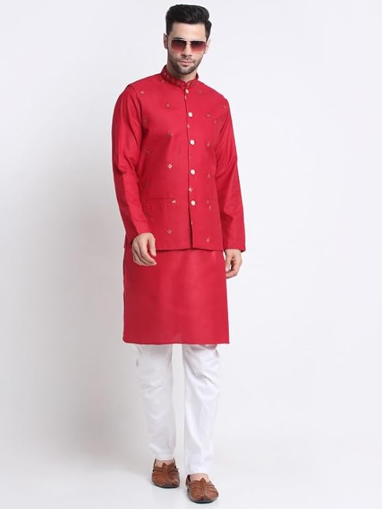 Men's Cotton Blend Solid Kurta and White Elastic Waistband Pyjama With Cotton Embroided Sequenced Nehru Jacket