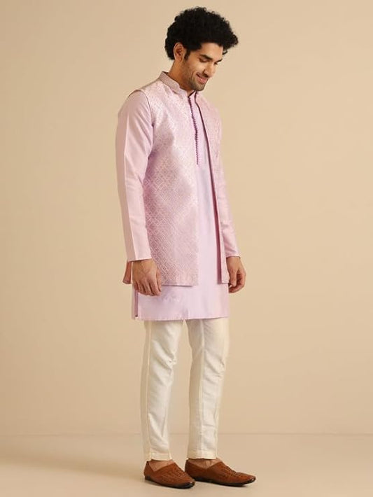 Men Lilac Textured Kurta Jacket Trouser Set