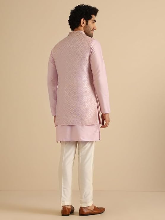 Men Lilac Textured Kurta Jacket Trouser Set