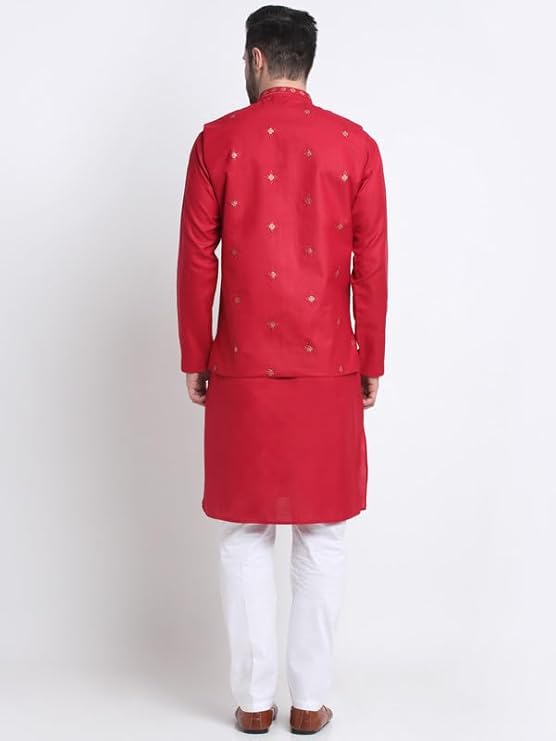Men's Cotton Blend Solid Kurta and White Elastic Waistband Pyjama With Cotton Embroided Sequenced Nehru Jacket