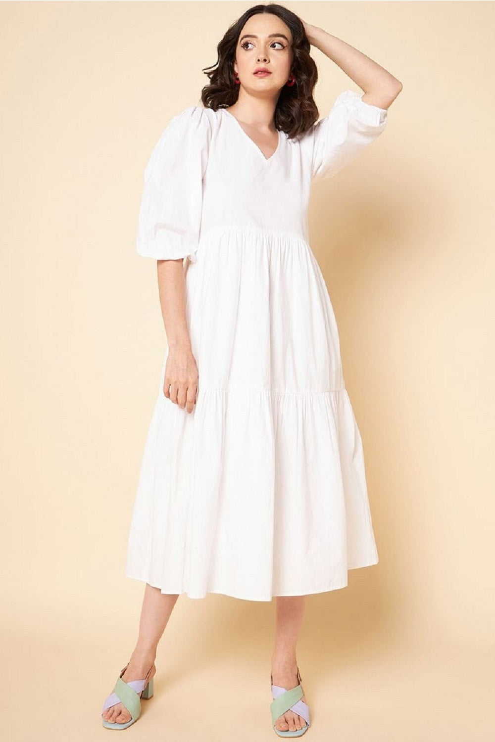 Women Fit and Flare White Midi/Calf Length Dress