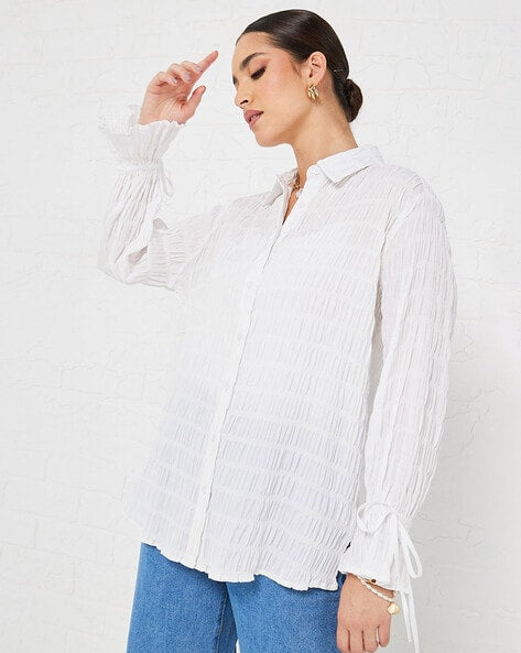 Women Textured Oversized Longline Shirt with Buttons