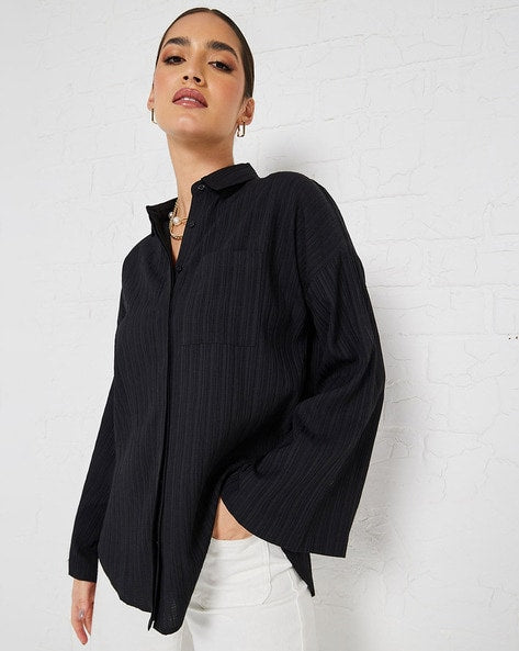 Women Flare Sleeves Crepe Oversized Longline Shirt
