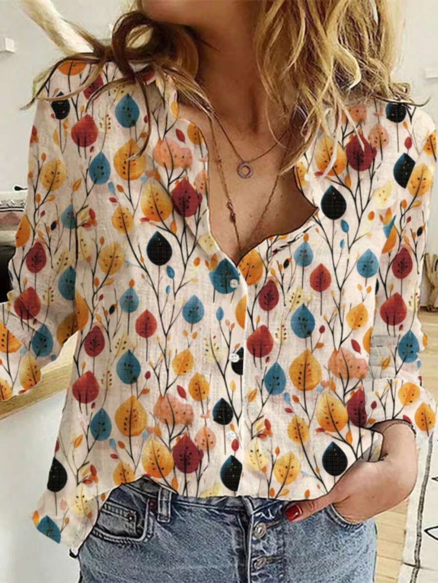 Women's Autumn Leaf Print Button-Down Shirt β Lightweight WesternStitch