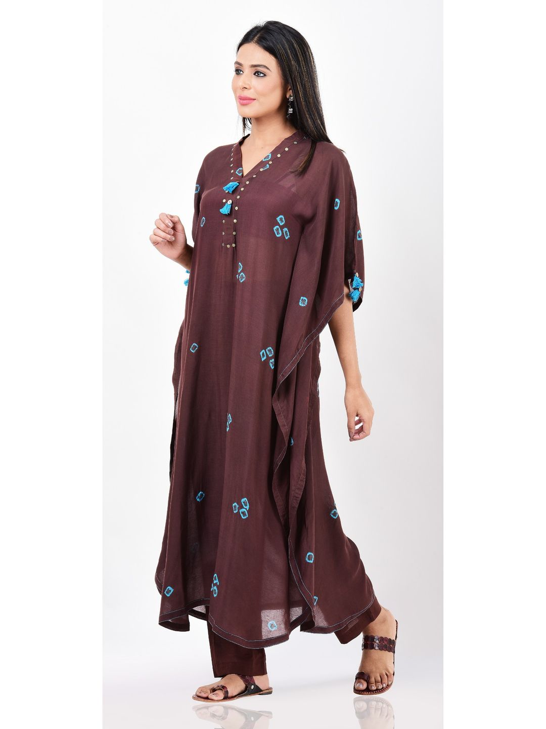 Brown And Turquoise Dual Bandhani Tie Dye Kaftan Kurta
