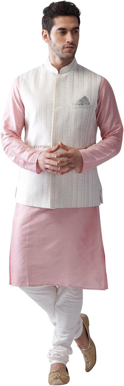 KISAH Men Pink Kurta Jacket (Waistcoat/Modi/Nehru) & Pyjama Combo