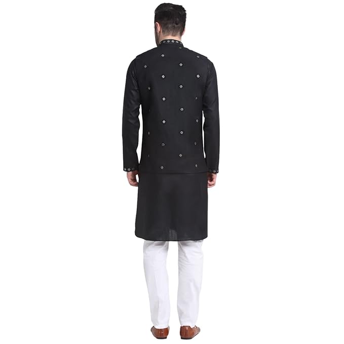 Men Ruby Cotton Sequence Embroided Kurta Trouser With Nehru Jacket