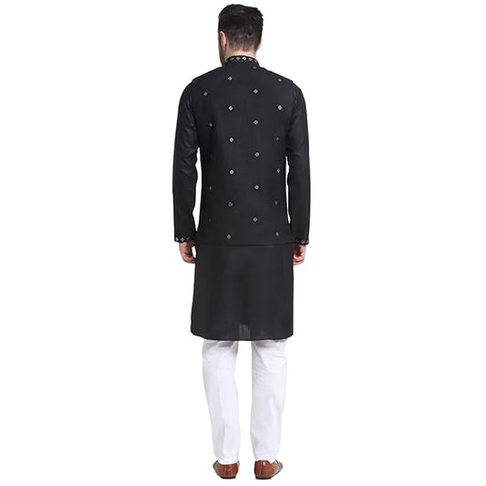 Men Ruby Cotton Sequence Embroided Kurta Trouser With Nehru Jacket
