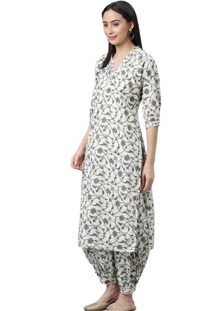 LookMark Women's Trendy Printed Cotton Blend Straight White Color Kurta and Afghani Pant Set