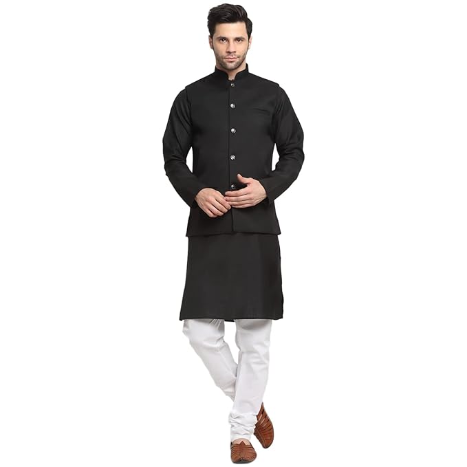 Men's Cotton Solid Black Kurta Churidar