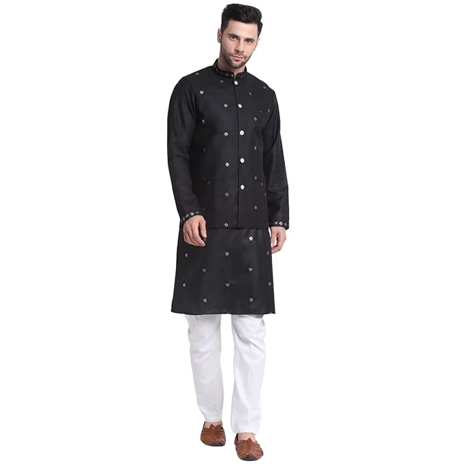 Men Ruby Cotton Sequence Embroided Kurta Trouser With Nehru Jacket