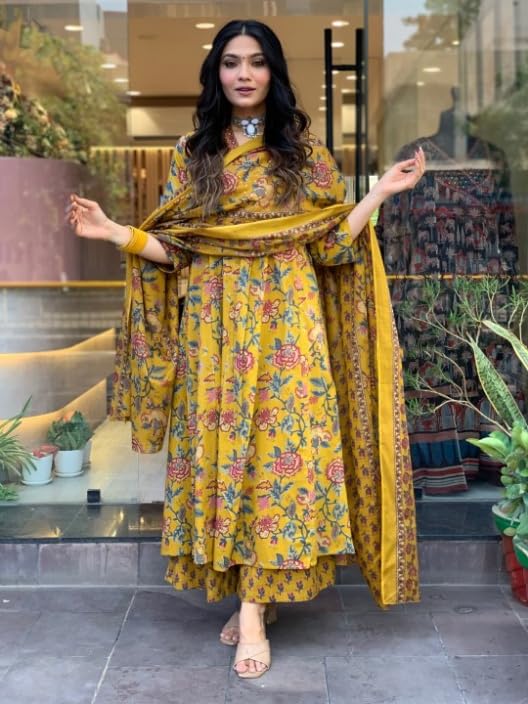 LookMark Women Cotton Blend Floral Printed Kurta Plazzo Set with Dupatta Suitable For Every Indian Occasion