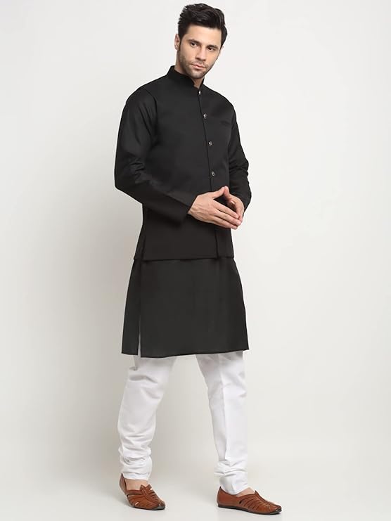 Men's Cotton Solid Black Kurta Churidar