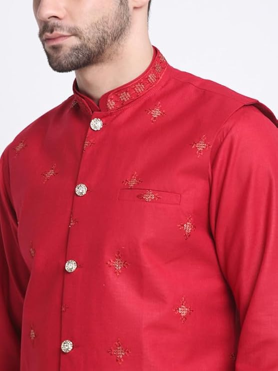 Men's Cotton Blend Solid Kurta and White Elastic Waistband Pyjama With Cotton Embroided Sequenced Nehru Jacket