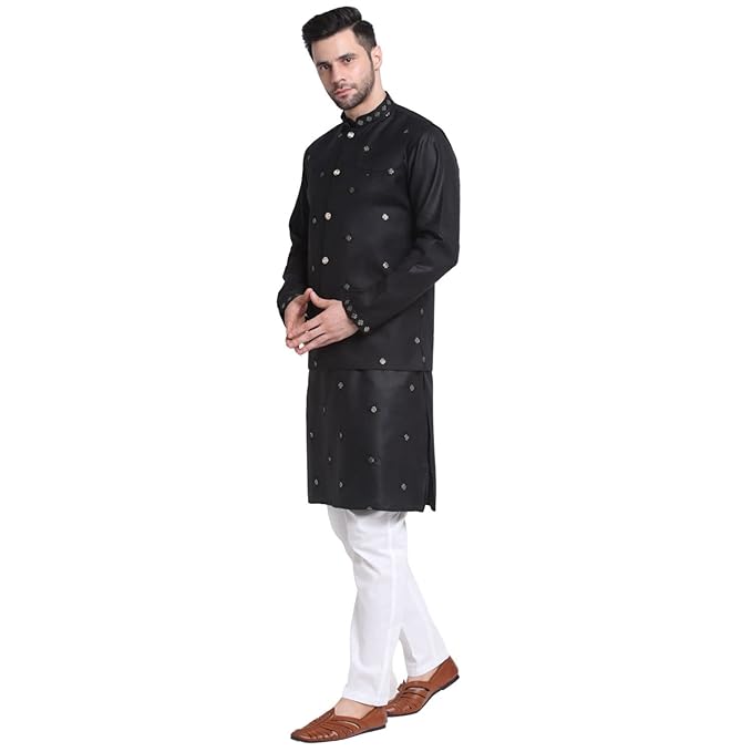 Men Ruby Cotton Sequence Embroided Kurta Trouser With Nehru Jacket