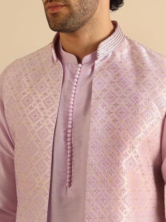 Men Lilac Textured Kurta Jacket Trouser Set