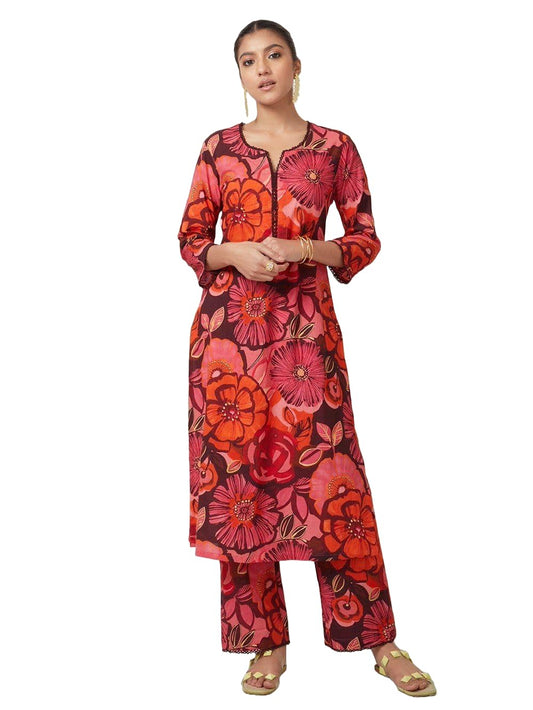 LookMark Women's 3/4 Sleeve Floral Printed Kurti Pant Set, Cotton Blend, Knee Length, Stylish Ethnic Outfit, Office, and Casual Occasions