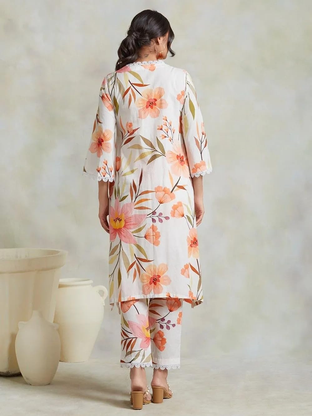 LookMark Women's 3/4 Sleeve Floral Printed Kurti Pant Set, Cotton Blend, Knee Length, Stylish Ethnic Outfit, Office, and Casual Occasions