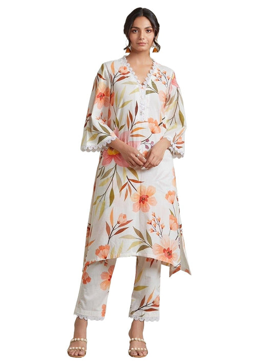 LookMark Women's 3/4 Sleeve Floral Printed Kurti Pant Set, Cotton Blend, Knee Length, Stylish Ethnic Outfit, Office, and Casual Occasions