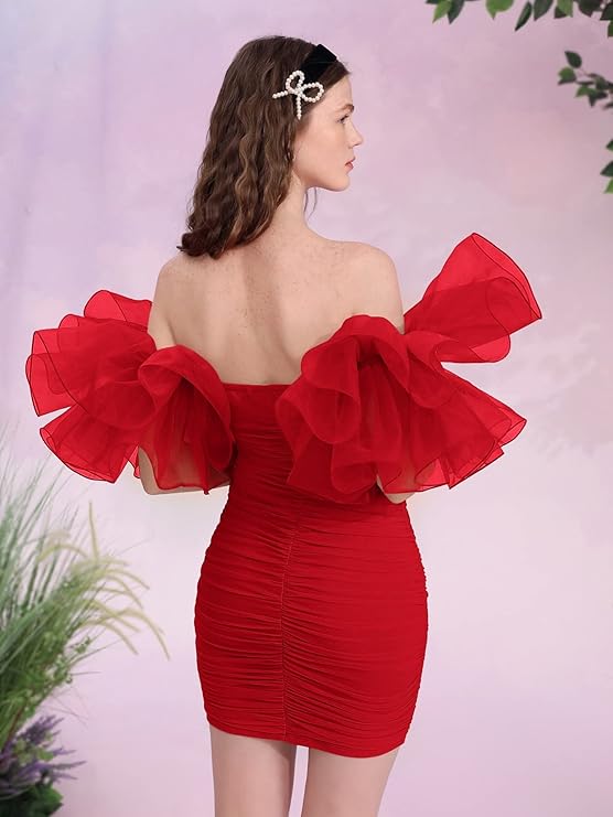 Women's Off Shoulder Prom Dress Puff Sleeve Ruched Mesh Cocktail Bodycon