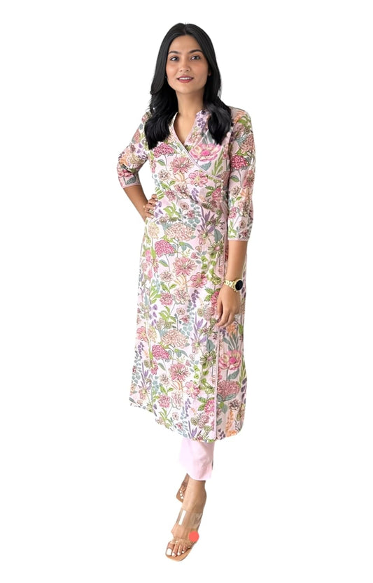 LookMark Women's Cotton Blend Trendy Regular Fit Solid Printed Kurti with Stright Bottom |Kurti Set for Women