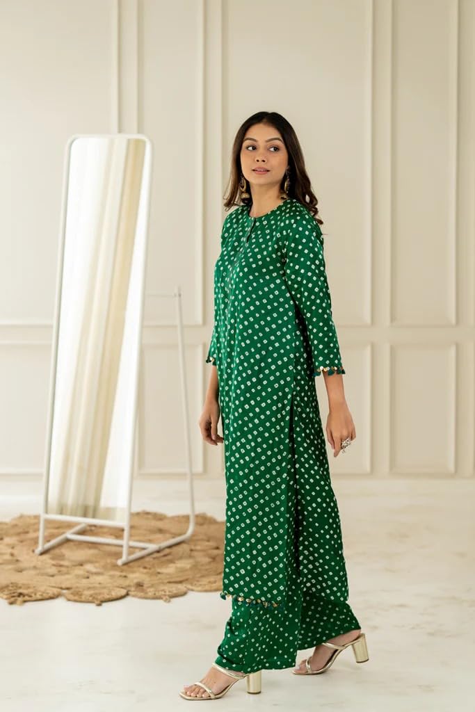 LookMark Women Cotton Blend Bandhej Printed Bandhani Kurta Palazzo Set With Sequence Lace
