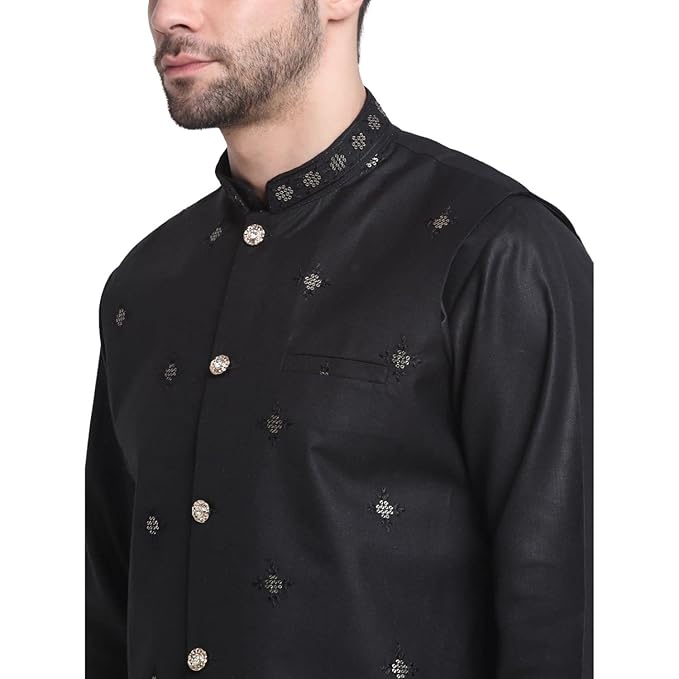 Men Ruby Cotton Sequence Embroided Kurta Trouser With Nehru Jacket