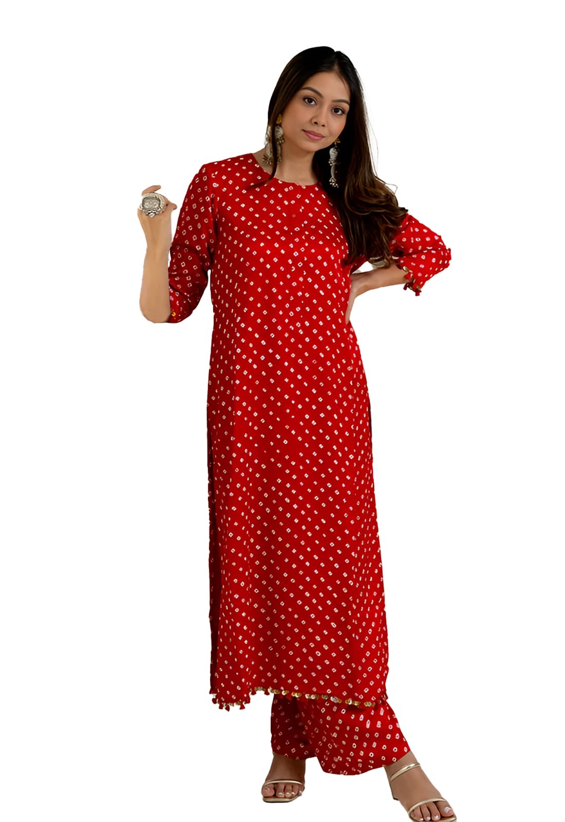 LookMark Women Cotton Blend Bandhej Printed Bandhani Kurta Palazzo Set With Sequence Lace