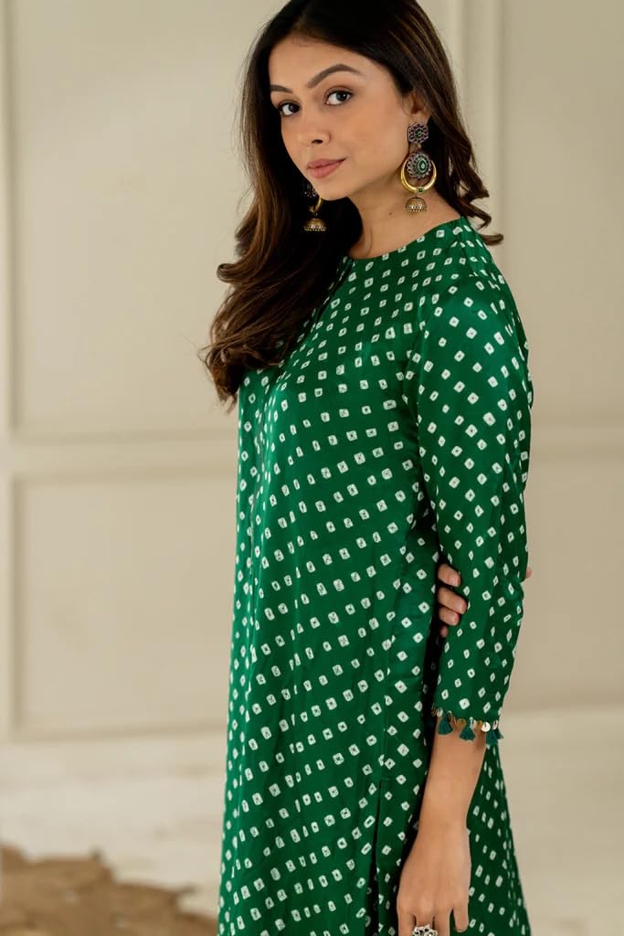 LookMark Women Cotton Blend Bandhej Printed Bandhani Kurta Palazzo Set With Sequence Lace