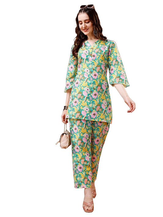 LookMark Women Women's Trendy Printed Cotton Blend Straight Light Green Color Kurta and Palazzo Set (KS2075-XL)