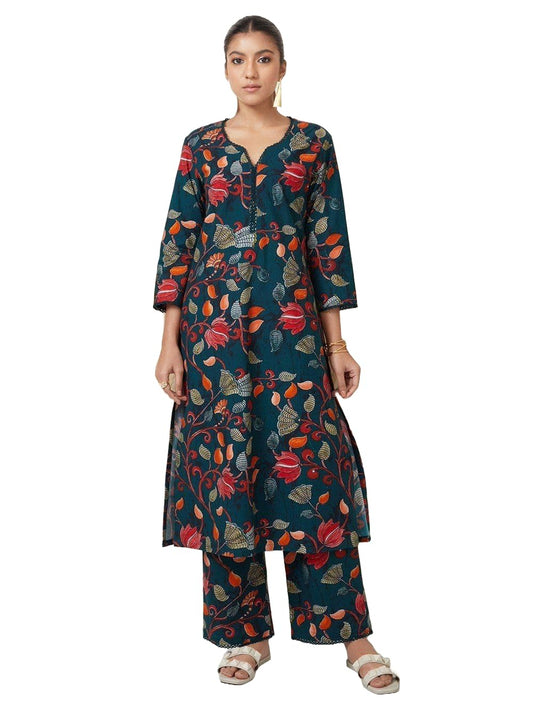 LookMark Women's 3/4 Sleeve Floral Printed Kurti Pant Set, Cotton Blend, Knee Length, Stylish Ethnic Outfit, Office, and Casual Occasions