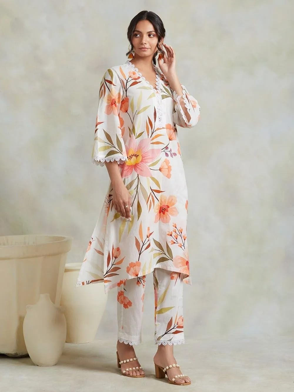 LookMark Women's 3/4 Sleeve Floral Printed Kurti Pant Set, Cotton Blend, Knee Length, Stylish Ethnic Outfit, Office, and Casual Occasions