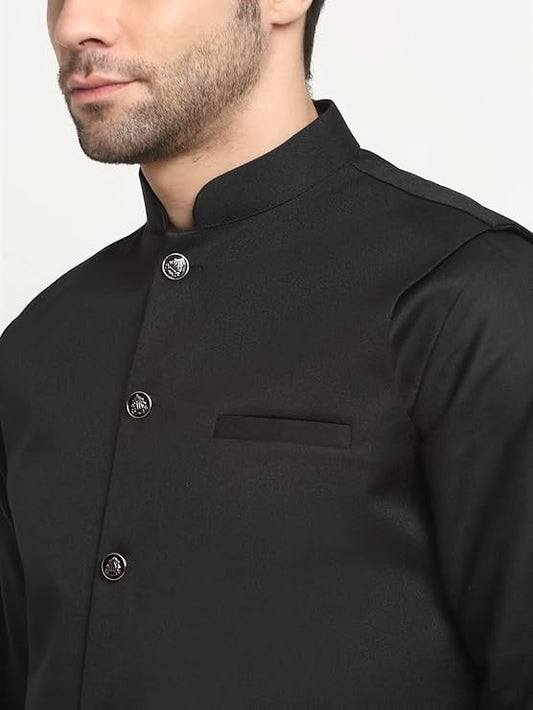 Men's Cotton Solid Black Kurta Churidar
