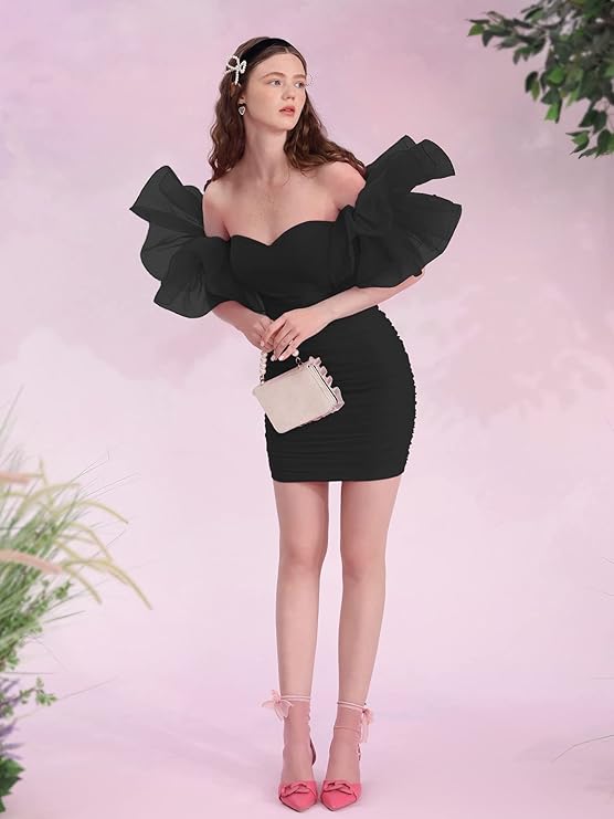 Women's Off Shoulder Prom Dress Puff Sleeve Ruched Mesh Cocktail Bodycon
