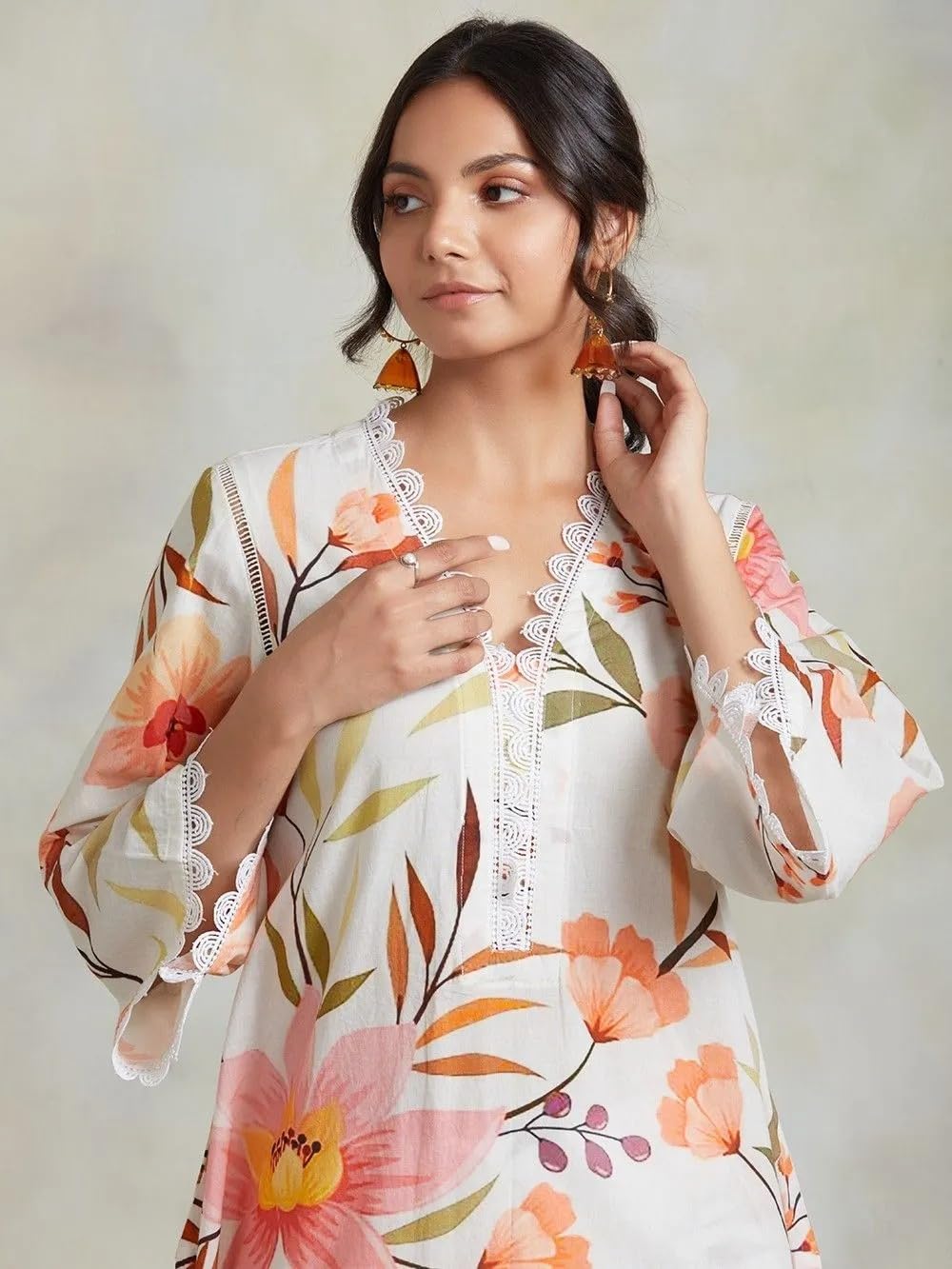 LookMark Women's 3/4 Sleeve Floral Printed Kurti Pant Set, Cotton Blend, Knee Length, Stylish Ethnic Outfit, Office, and Casual Occasions