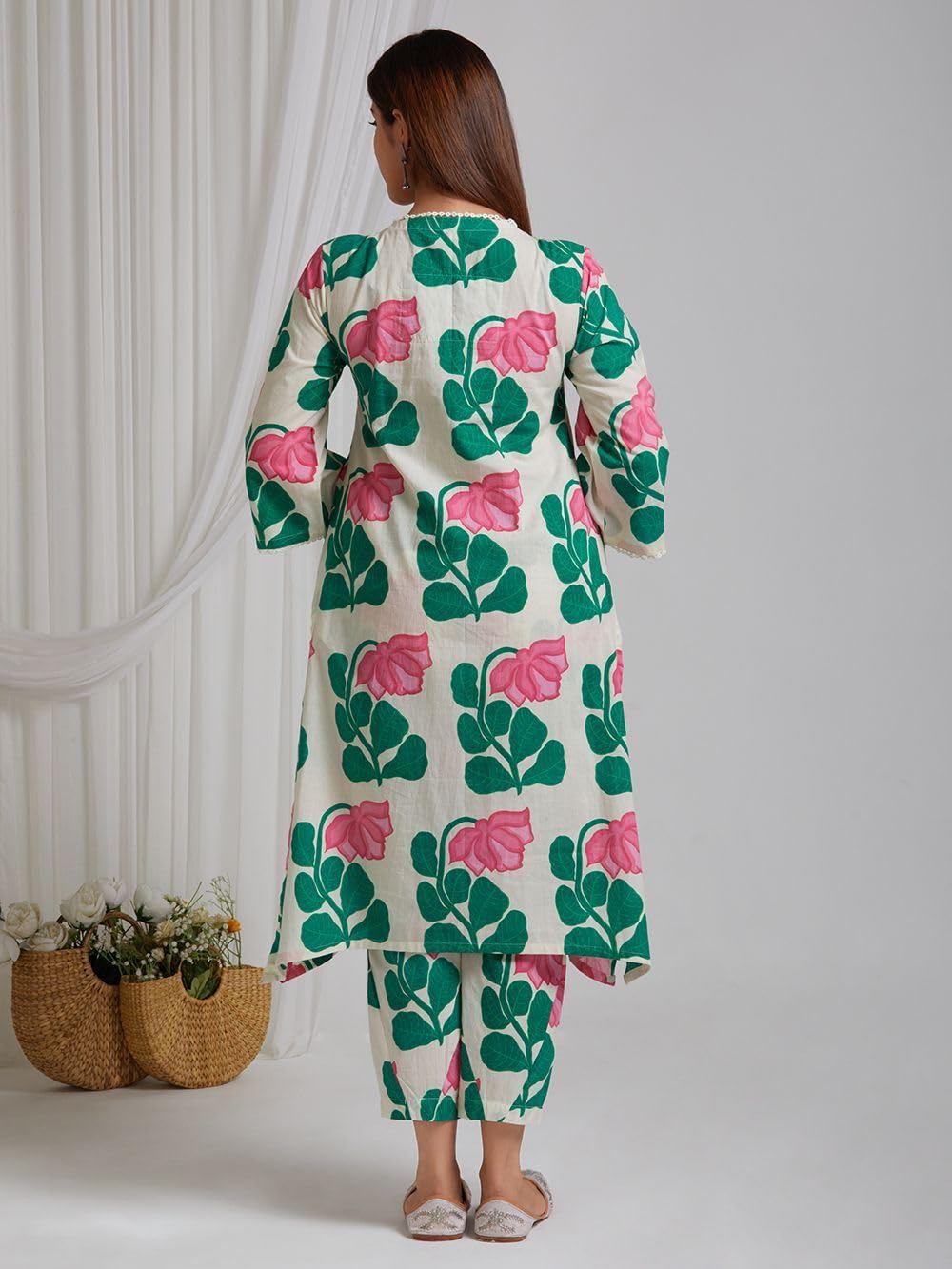 LookMark Women's 3/4 Sleeve Floral Printed Kurti Pant Set, Cotton Blend, Knee Length, Stylish Ethnic Outfit, Office, and Casual Occasions