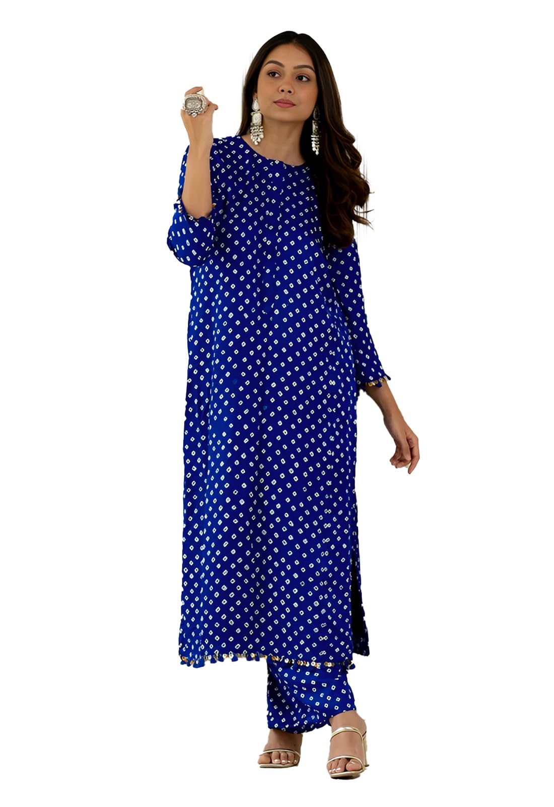 LookMark Women Cotton Blend Bandhej Printed Bandhani Kurta Palazzo Set With Sequence Lace
