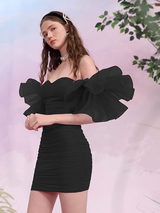 Women's Off Shoulder Prom Dress Puff Sleeve Ruched Mesh Cocktail Bodycon