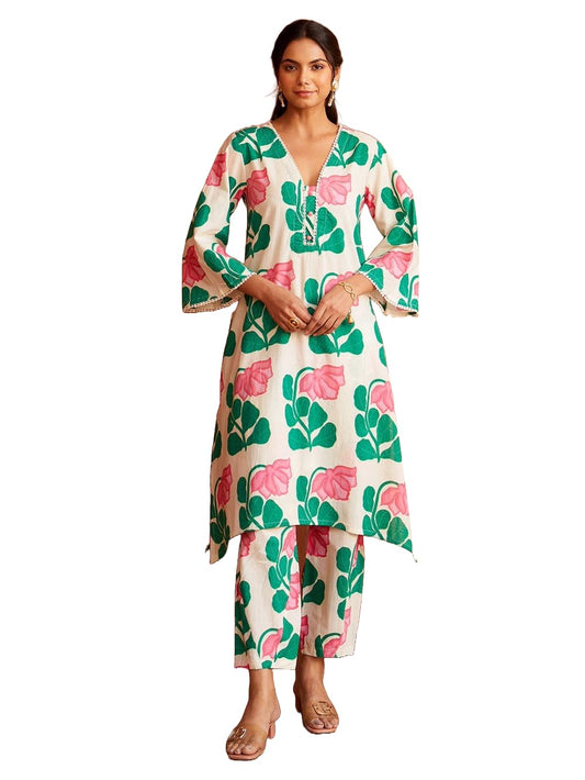 LookMark Women's 3/4 Sleeve Floral Printed Kurti Pant Set, Cotton Blend, Knee Length, Stylish Ethnic Outfit, Office, and Casual Occasions
