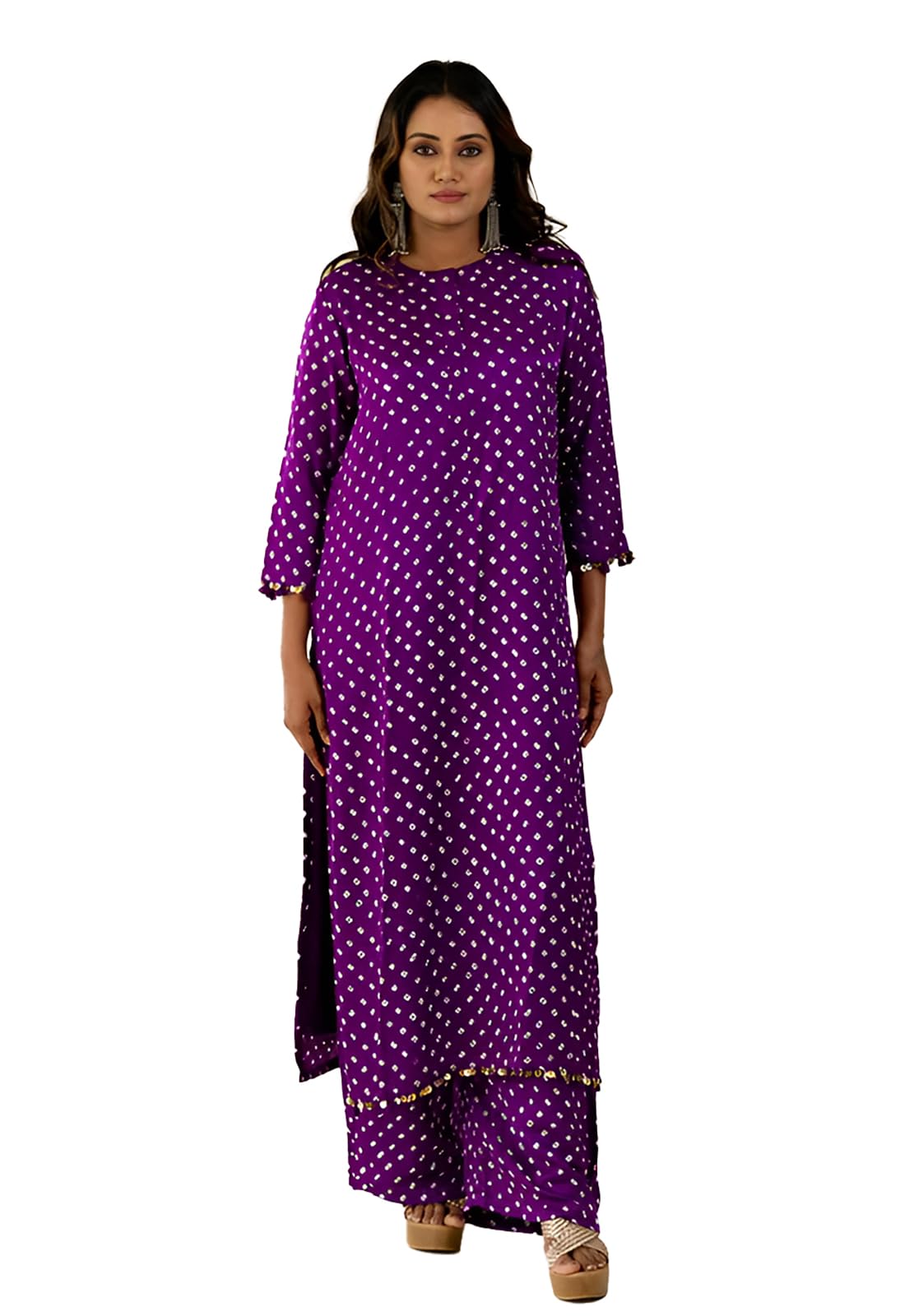 LookMark Women Cotton Blend Bandhej Printed Bandhani Kurta Palazzo Set With Sequence Lace