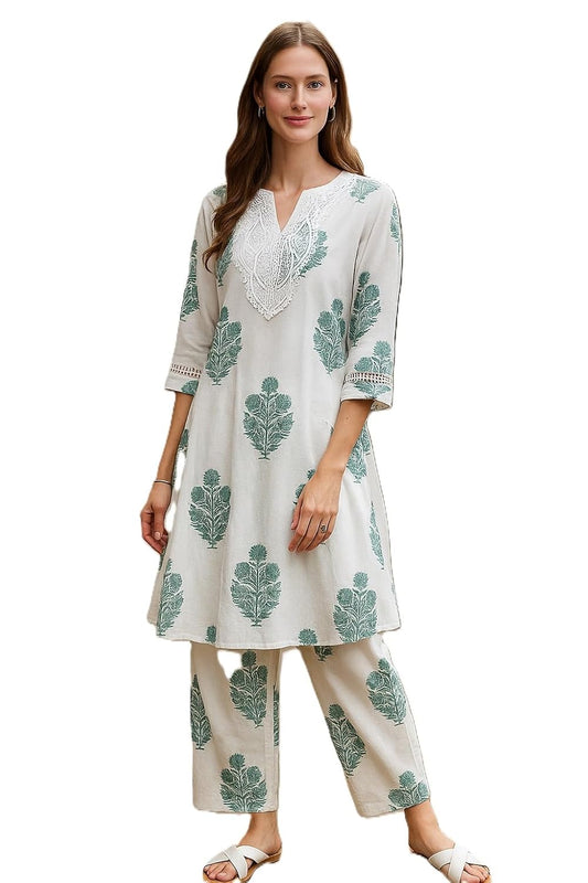 LookMark Women's Cotton Blend Trendy Regular Fit Solid Printed Kurti with Stright Bottom |Kurti Set for Women