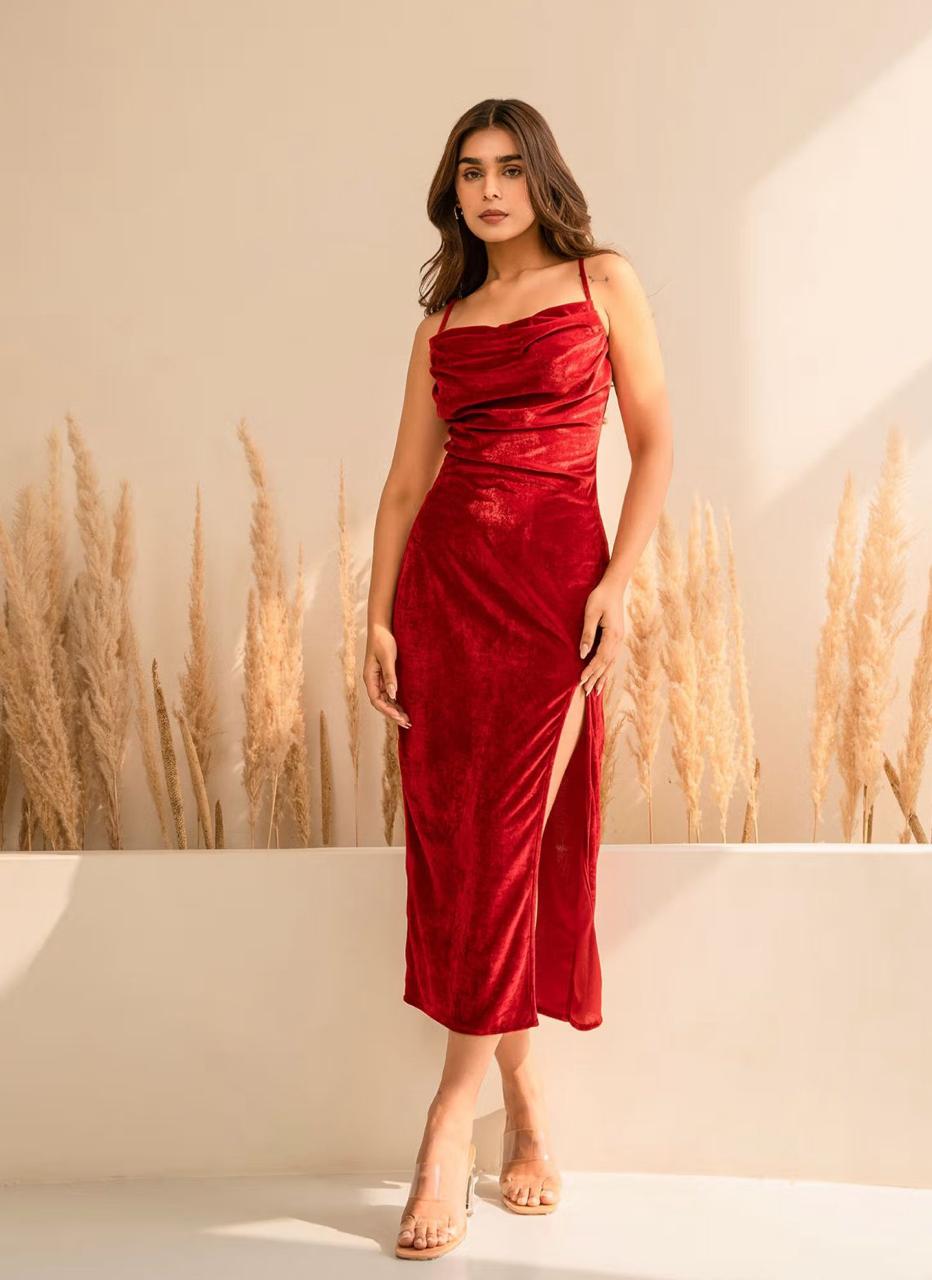 Women's Red Velvet Cowl Neck Dress
